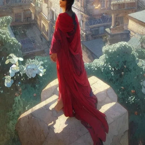 Image similar to a young girl standing on top of an impossibly tall wall, looking down at what is on the other side. she wears a very long red scarf that trails down a long way. beautiful fantasy painting by artgerm and greg rutkowski and alphonse mucha