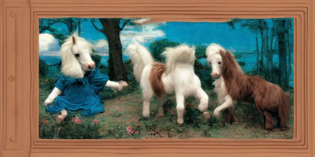 Prompt: 3 d precious moments plush animal, realistic fur, stuffed animal horse, teal, deep blue, storm, graves, night, master painter and art style of john william waterhouse and caspar david friedrich and philipp otto runge