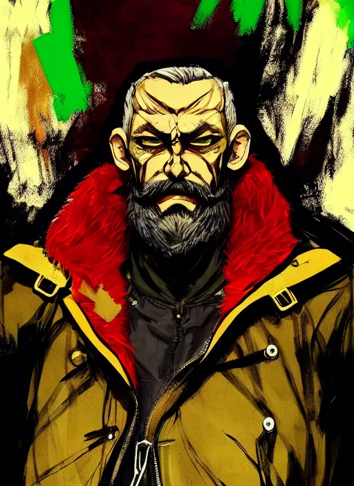 Image similar to Full body portrait of an old muscular man with blonde hair and beard red, green and gold jacket. In style of Yoji Shinkawa and Hyung-tae Kim, trending on ArtStation, dark fantasy, great composition, concept art, highly detailed.