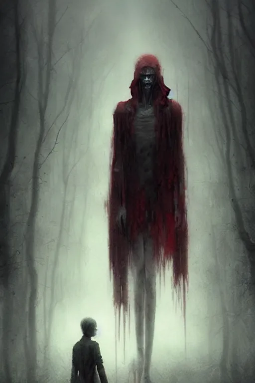 Image similar to tall slender pale humanoid walking in the mist, red eyes, bloody face, creepy, horror, fantasy, bloodcurdling, art by greg rutkowski