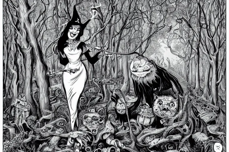 Prompt: The smiling witch in the woods by Joe Fenton