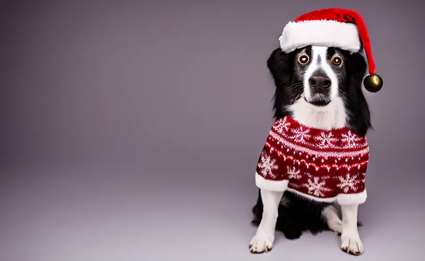 Prompt: studio photography of a dog wearing a christmas sweater, detailed face, cinematic lighting, 8 k