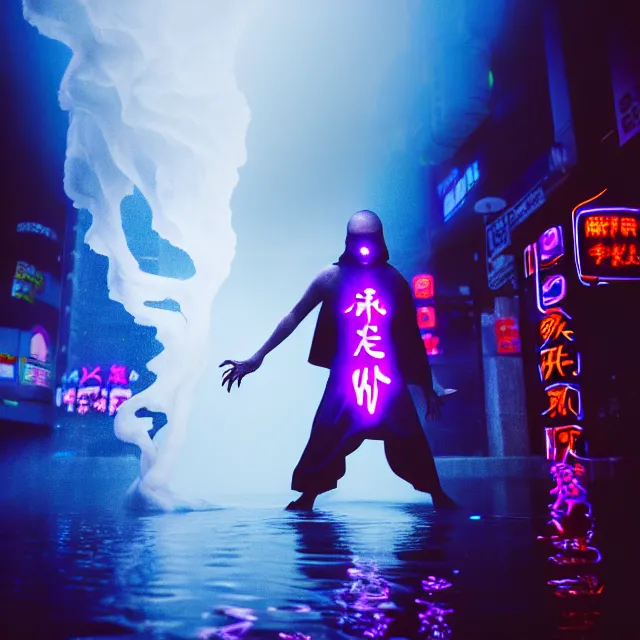 Image similar to cyber monk water dance supreme water fist, detailed animal form water, fighting stance energy, shibuya prefecture, cinematic neon uplighting, fog mist smoke, photorealistic, night photography by tomino - sama