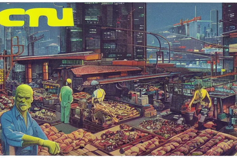 Image similar to 1979 OMNI Magazine Cover of a dumb ogre working at a fish market warehouse. In the background are street level views of neo-Tokyo in cyberpunk style by Vincent Di Fate