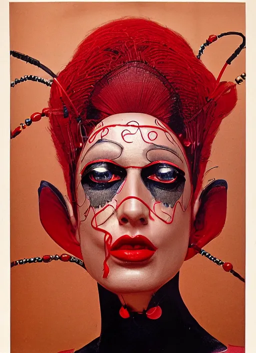 Image similar to an 8 0 s portrait of a woman with dark eye - shadow and red lips with dark slicked back hair, a mask made of wire and beads, dreaming acid - fueled hallucinations, psychedelic by serge lutens, rolf armstrong, delphin enjolras, peter elson, red cloth background, frilled blooming collar