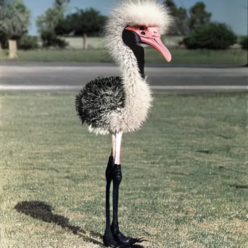 Prompt: an ostrich dressed as a 1950's greaser