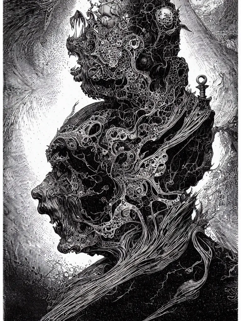 Image similar to portrait soft light, by bernie wrightson and joe fenton and simon bisley, inspired victorian sci - fi, etching, fine, sharp high detail, red and grey, screen print,