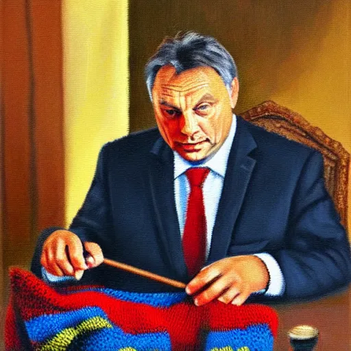 Prompt: viktor orban knitting, oil painting