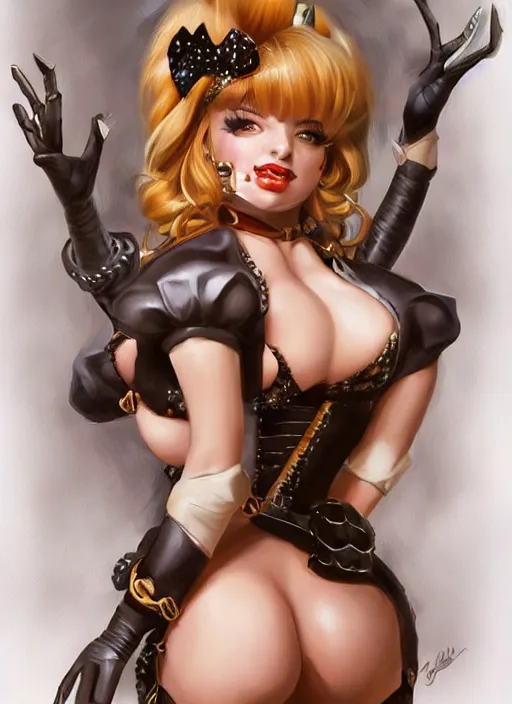 Image similar to Portrait of Bowsette in corset, big hornes and turtle tail, intricate body, whole body highly detailed, digital painting, artstation, concept art, smooth, sharp focus, illustration, art by Hajime Sorayama