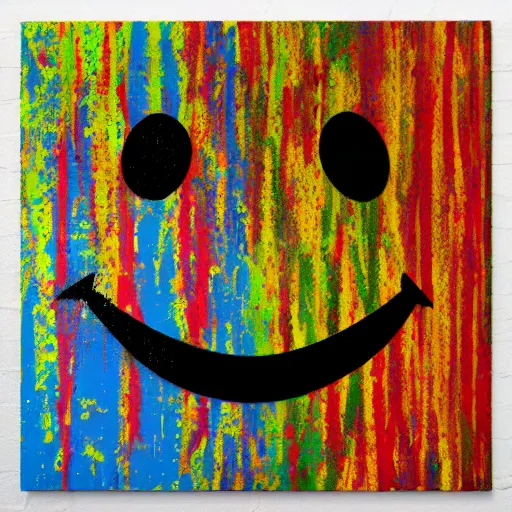 Prompt: grafitti smiley face, spray paint texture, in style of futura 2000, artsy