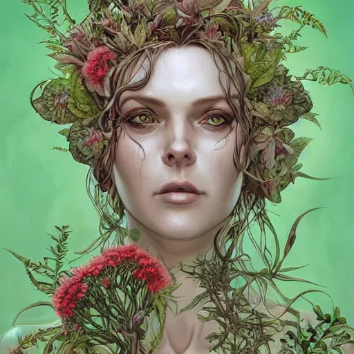 Image similar to a beautiful detailed front view portrait of a rotten woman corpse with plants and fractal flowers growing around, artgerm, joshua middleton comic cover art,