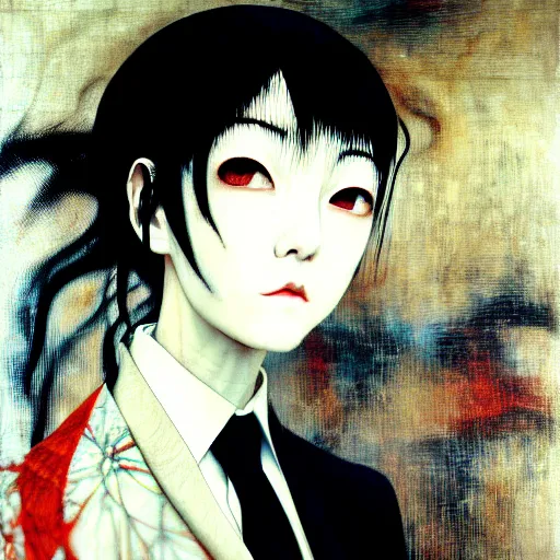 Image similar to yoshitaka amano blurred and dreamy realistic portrait of a woman with black eyes and white hair wearing dress suit with tie, junji ito abstract patterns in the background, satoshi kon anime, noisy film grain effect, highly detailed, renaissance oil painting, weird portrait angle, blurred lost edges, three quarter view