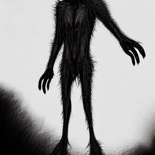 Prompt: tall bipedal creature in the darkness, long claws, large long pointy teeth, drooling, hunched over, hairless, dark cavern, no light, highly intricate, detailed, 8 k