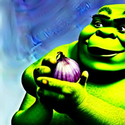 Image similar to a stock photo of shrek eating an onion, 8 k, ultra - realistic