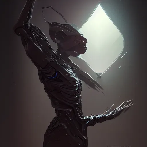 Image similar to professional concept art portrait of a predatory robotic species in a dark room by artgerm and greg rutkowski. an intricate, elegant, highly detailed digital painting, concept art, smooth, sharp focus, illustration, in the style of cam sykes.