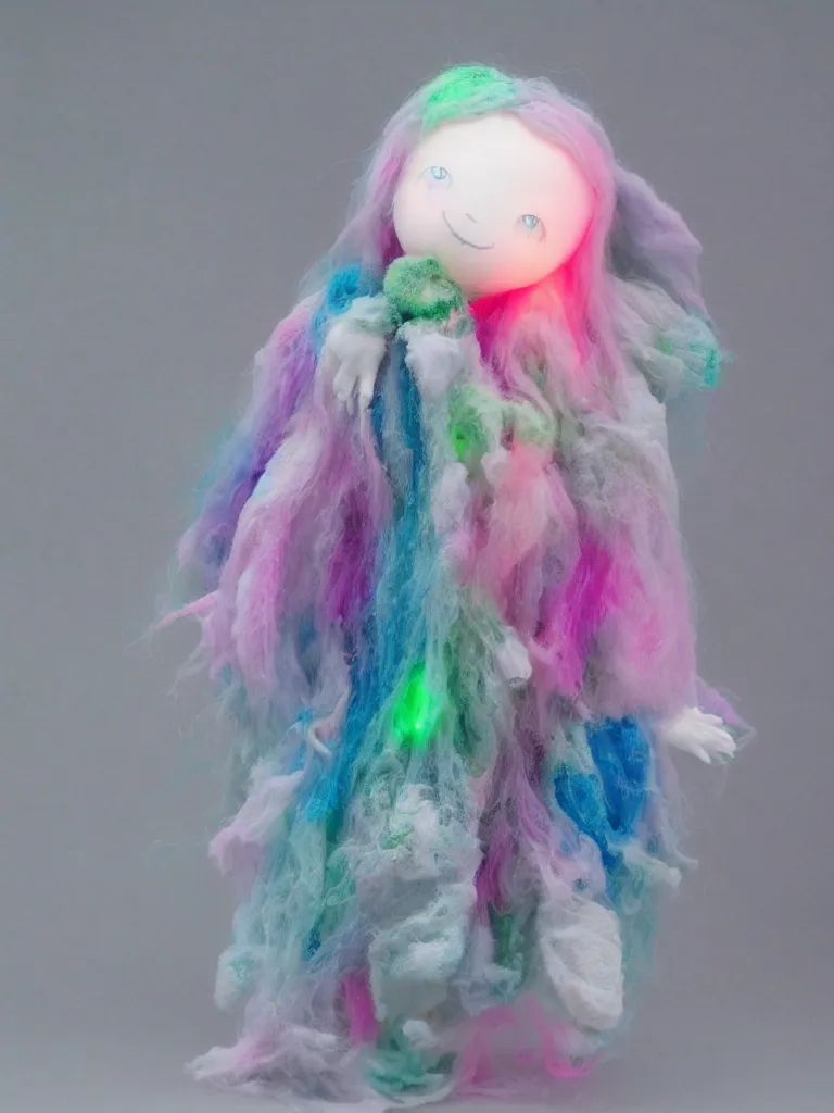 Image similar to cute fumo plush smiling ectoplasmic jellyfish ghost girl waving in deep fog over mysterious reflective waters, patchwork doll chibi gothic maiden in tattered melting rags, glowing pink wisps of hazy green smoke and eerie blue volumetric fog swirling about, moonlight, glowing lens flare, black and white, reflective refractive optics, vray