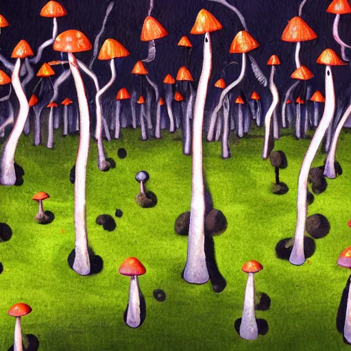 Prompt: a mushroom forest with twisting trees and lightning bugs