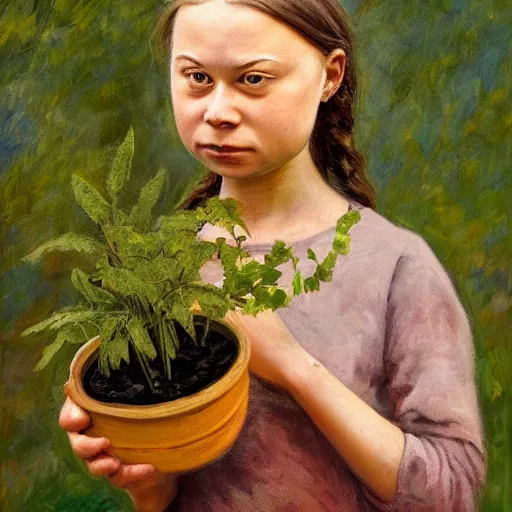 Image similar to Crying Greta Thunberg holding a green plant, impressionism, barren earth, gloomy colors, brown background, vivid attention to detail, by Greg Rutkowksi and Ilya Repin and Ander Duran