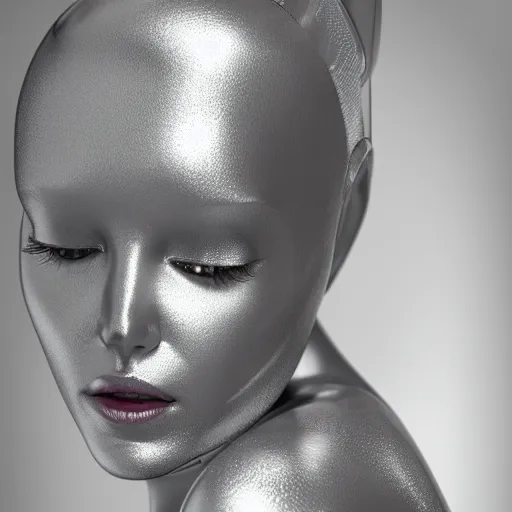 Prompt: silver chrome beautiful woman robot portrait by Hajime Sorayama, octane render, high detail, photorealistic, unreal engine, ray traced