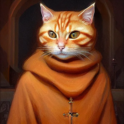 Prompt: russian orthodox christian church painting of a ginger cat, highly detailed, digital painting, artstation, concept art, wallpaper, smooth, sharp focus, illustration, art by giger and artgerm and greg rutkowski and alphonse mucha