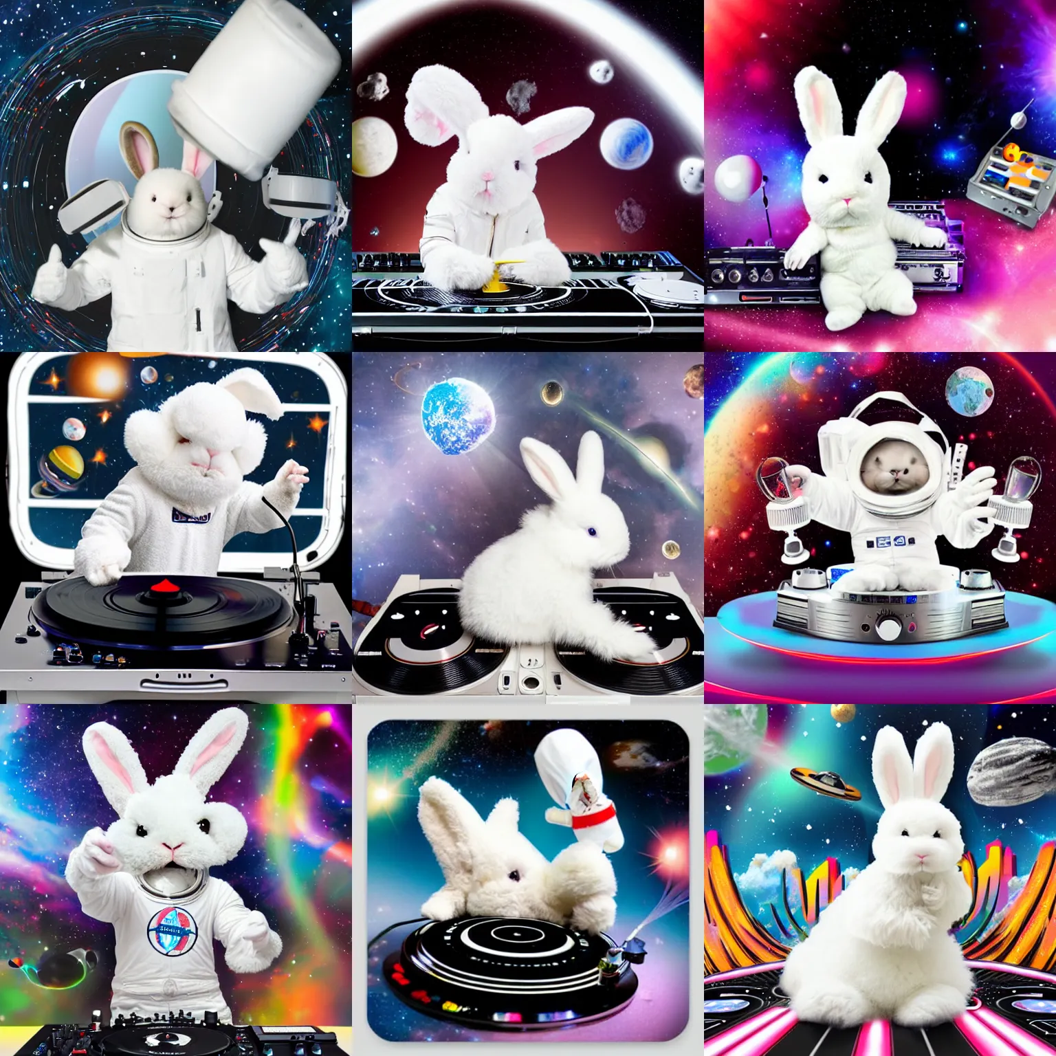 Prompt: super cute fluffy white bunny rabbit astronaut in space DJing with DJ turntables, photoreal