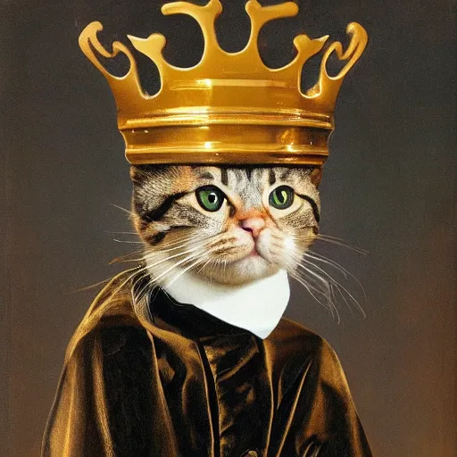 Image similar to a man - cat wearing a golden crown and black goggles