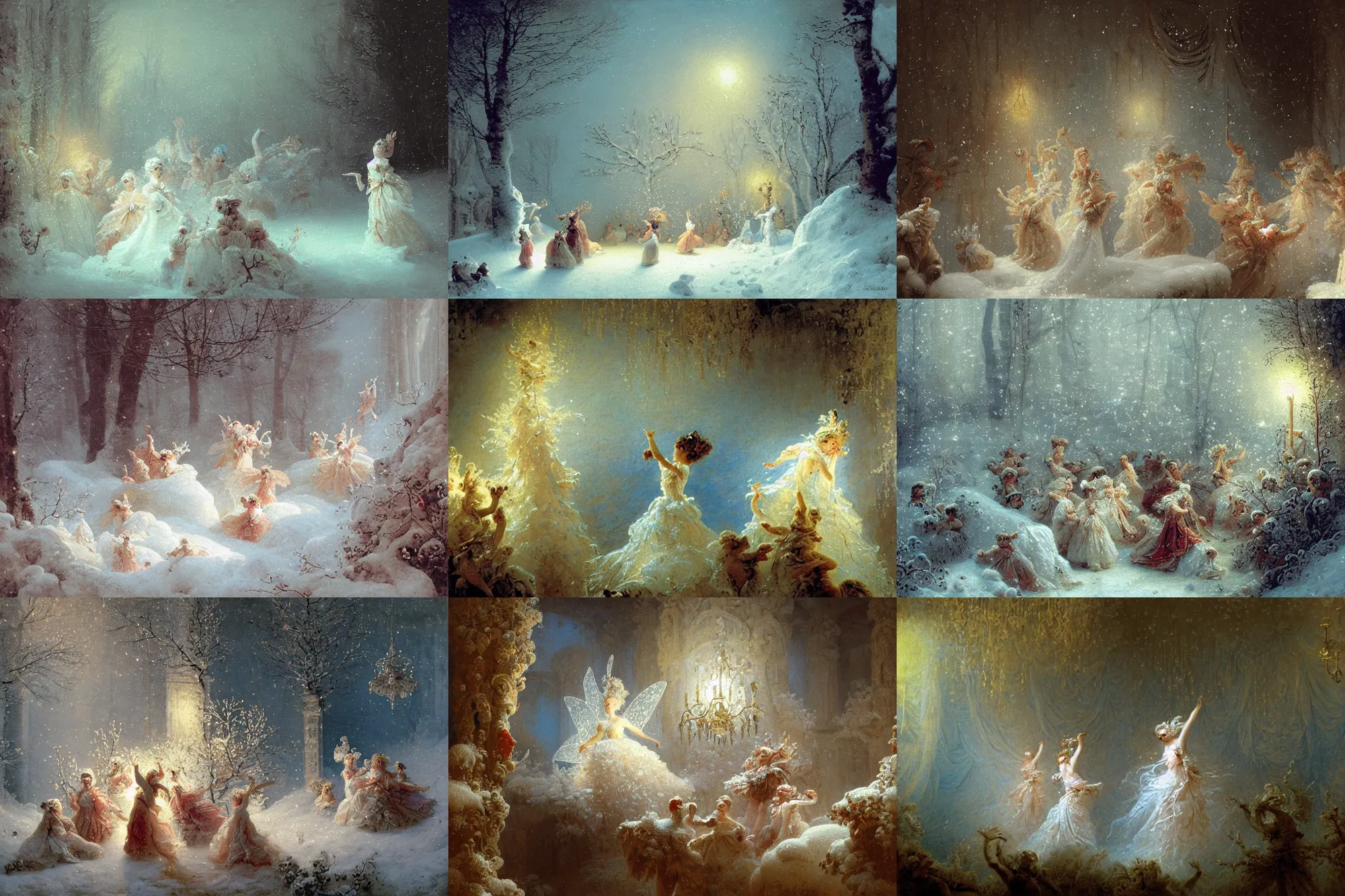 Prompt: polovstian dances and chorus, tiny faeries, winter blue drapery, very light snow, icicles, stoic, light dust, magnificent, hyperdetailed, theatrical, close up, masterpiece, painted by jean honore fragonard and greg rutkowski