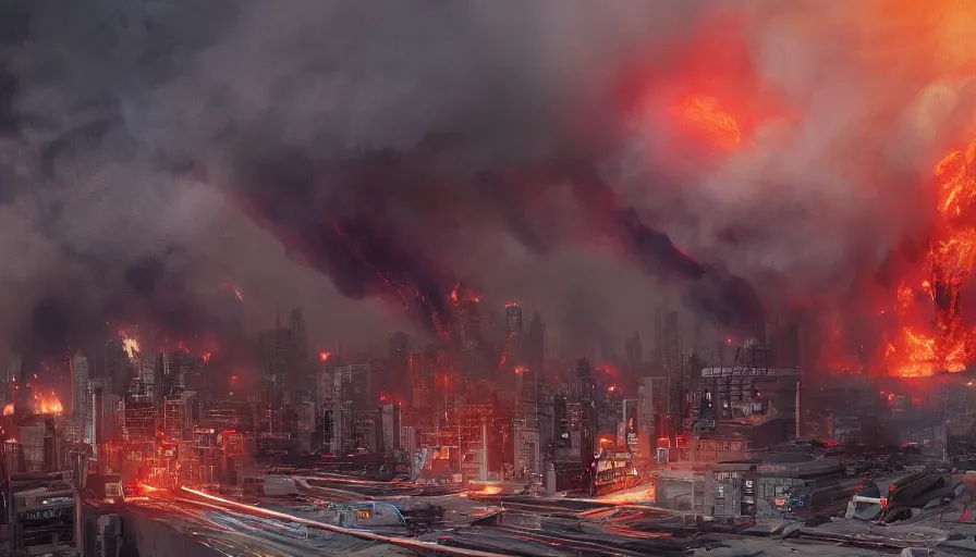 Image similar to Movie scene of a fire tornado in a middle of a city by Stephen Mcmennamy, hyperdetailed, artstation, cgsociety, 8k