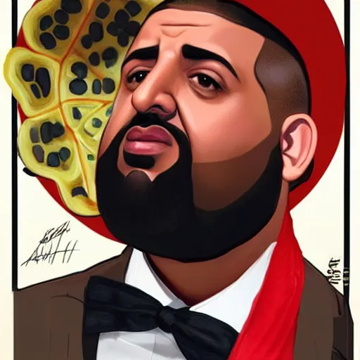 Image similar to portrait of DJ Khaled with groucho marx hairstyle holding a huge pizza as a Grand Theft Auto Cover, elegant, intricate, headshot, highly detailed, digital painting, artstation, concept art, sharp focus, illustration, art by artgerm and greg rutkowski and alphonse mucha