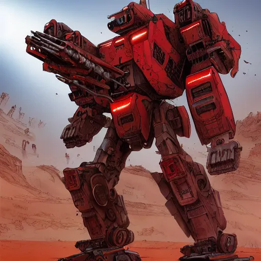 Prompt: comic book style battlemech, post-apocalyptic, high-tech, hulking, wide shot, desert background, highly detailed, artstation, concept art, sharp focus, illustration, art by yoshiyuki tomino and magali villeneuve, red brown and white color scheme