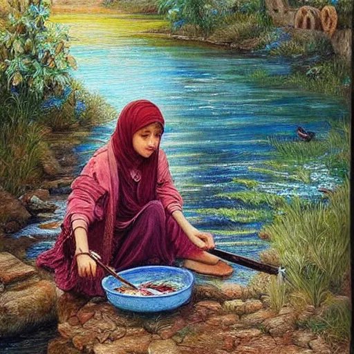 Prompt: beautiful painting by sophie anderson of a beautiful young kurdish girl painting by a river in a kurdish village, she is painting the river, award winning art, insanely detailed