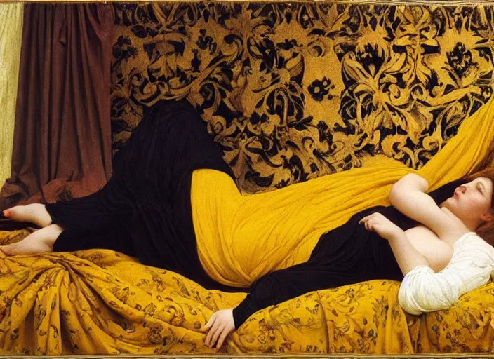 Image similar to portrait of raven reclining on bed wearing yellow ochre ornate medieval dress, foreshortening, framed, preraphaelite colour photography by frederic leighton, william morris, 8 k