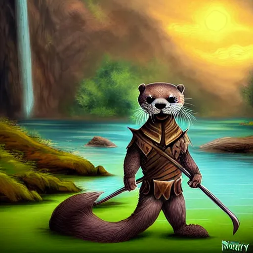 Prompt: furry otter warrior, fantasy art, lightweight armour, near the river, waterfall, digital art, high quality