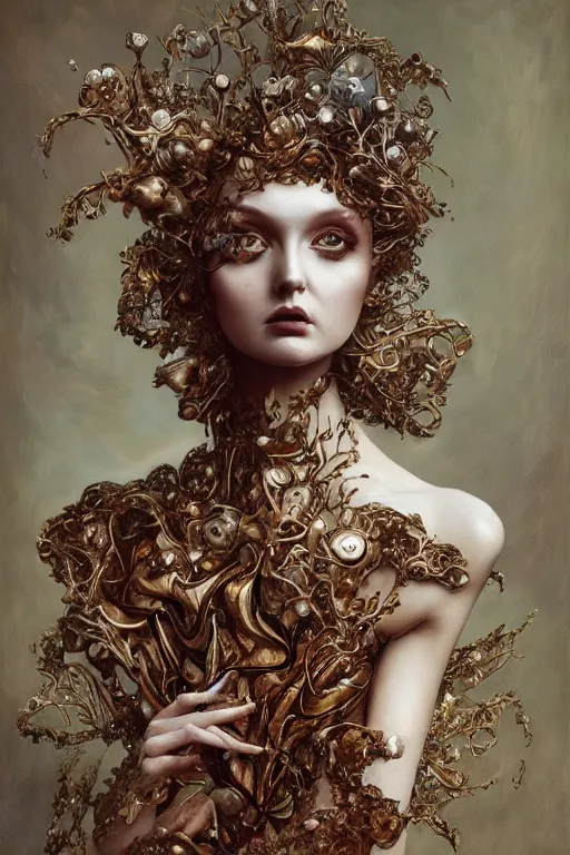 Prompt: an intricate realistic oil painting of a fashion model resembling lily cole, wearing avant garde fashion, shoes, clothing by alexander mcqueen, clothing by iris van herpen, full body, headspace, runway, by tom bagshaw, by karol bak, emil melmoth