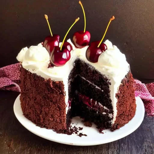 Prompt: A freshly baked black forest truffle cake with cherries and a dallop of icing on top. There is vanilla ice cream next to the cake on the plate