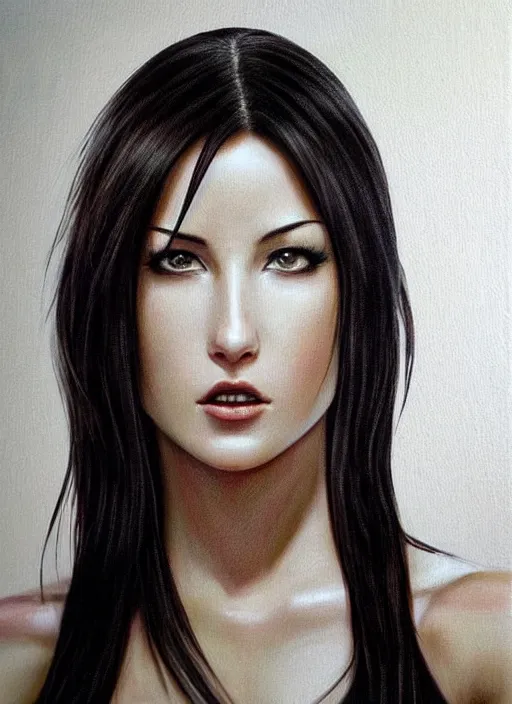 Image similar to elegant Tifa Lockhart stares intently at you. ultra detailed painting at 16K resolution and epic visuals. epically surreally beautiful image. amazing effect, image looks crazily crisp as far as it's visual fidelity goes, absolutely outstanding. vivid clarity. ultra. iridescent. mind-breaking. mega-beautiful pencil shadowing. beautiful face. Ultra High Definition. processed twice. polished marble.