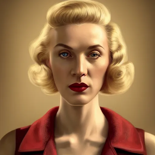 Image similar to A Hearts of Iron IV portrait of a blonde German actress with high cheekbones. Dressed in 1940s style. Highly detailed, fine Art, high detail, great lighting, 8k resolution, masterpiece, concept art, illustration, clear eyes, painting oil on canvas, octane render, HDR, trending on artstation, 4k, 8k, HD