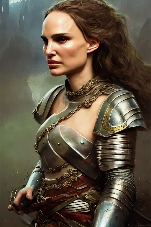 Image similar to natalie portman, legendary warrior, heroic, lord of the rings, tattoos, decorative ornaments, battle armor, by carl spitzweg, ismail inceoglu, vdragan bibin, hans thoma, greg rutkowski, alexandros pyromallis, perfect face, fine details, realistic shading photorealism