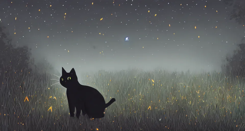 Prompt: black cat with glowing eyes walking around in a dark open field at midnight with fireflies in the air and lots of stars in the sky, digital painting, highly detailed, magical, trending on artstation