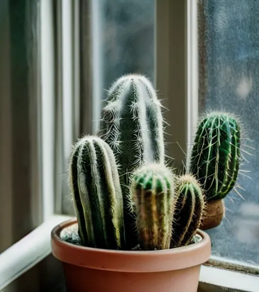 Image similar to an old photo of a cactus on a sunny windowsill, soft lighting