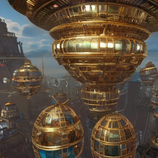 Prompt: enormous flying city in a faberge egg, sky!, steampunk, masterpiece, unreal engine