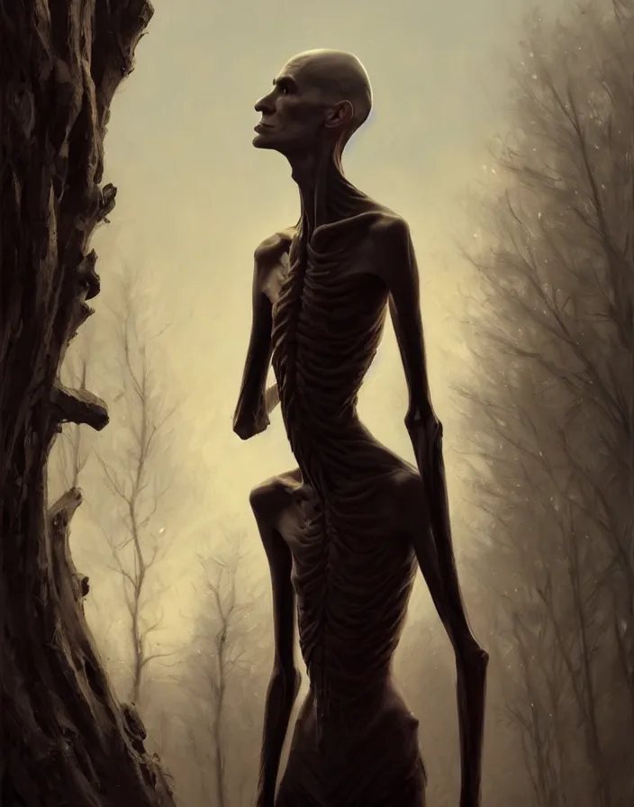 Image similar to epic portrait cinematic shot an skinny tall creature with long arms, long neck, bald, covered in dark substance, fine details. night setting. realistic shaded lighting poster by craig mullism, artgerm, jeremy lipkin and michael garmash, unreal engine, radiant light, detailed and intricate environment, digital art, trending on art station,