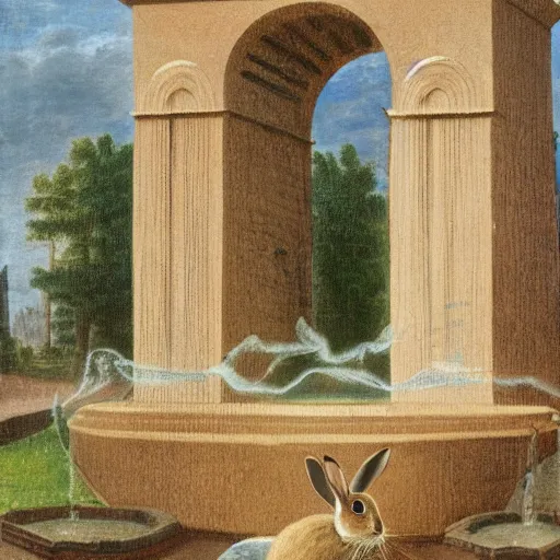 Image similar to a rabbit standing by the fountain of The Hermitage