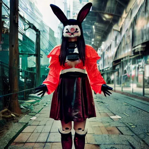 Prompt: a girl with a cute asian face in a rabbit outfit with a samurai mez stands in a low combat stock, depth of field, fantasy and cyberpunk stylization, focus on the foreground, 8 5 mm, f 1 6