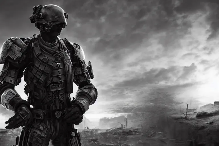 Image similar to still photo of a iron tech age war man looking at the camera in a battlefield, black and white color aesthetic, highly detailed, photorealistic portrait, bright studio setting, studio lighting, crisp quality and light reflections, unreal engine 5 quality render
