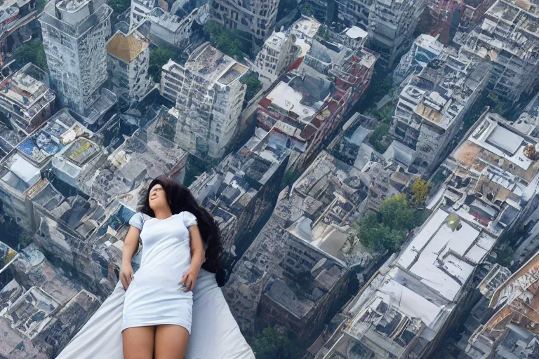 Prompt: a woman laying down on a flying mattress, she is looking down on the buildings far below her, uhd, 8 k, dreamy, photo, hyper detailed, photorealistic, trending on artstation.