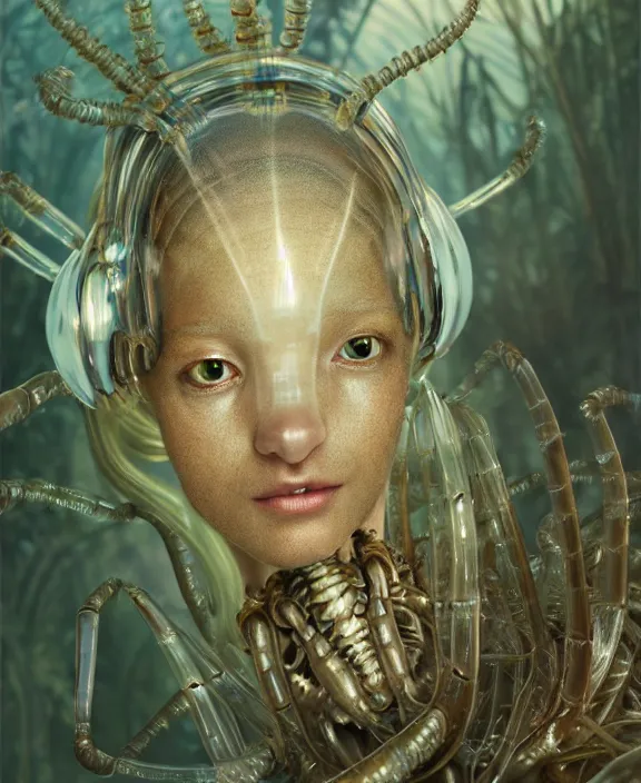 Prompt: opulent transparent clear see - through portrait of a terrifying beautiful male alien isopod cyborg, mottled coloring, adorable, childlike, overgrown biopunk jungle environment, ultra realistic, concept art, art nouveau, photorealistic, octane render, 8 k, unreal engine. art by christopher marley and artgerm and greg rutkowski and alphonse mucha