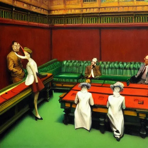 Image similar to a highly detailed fine art painting of multiple british members of parliament in the house of commons wearing clown costumes and smoking. in the style of edward hopper, richard hamilton. concept art. whimsical. green leather benches.