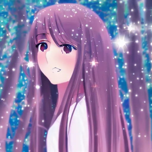 Image similar to photo of an adorable anime girl with long brown hair, looking partly to the left, blue shining eyes, light makeup, light pink lipstick, bokeh forest background, 4k, highly detailed, cel-shaded, anime art style, cartoon