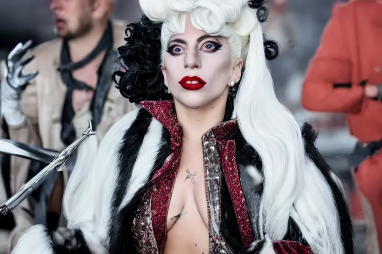 Prompt: lady gaga plays cruella in the live action adaptation of cruella, red weapon 8 k s 3 5, cooke anamorphic / i lenses, highly detailed, cinematic lighting